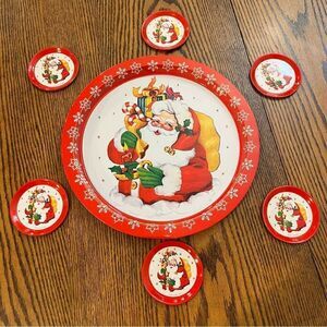 Vintage Santa Christmas Serving Tray & 6 Matching Coasters Made in HK 1980s